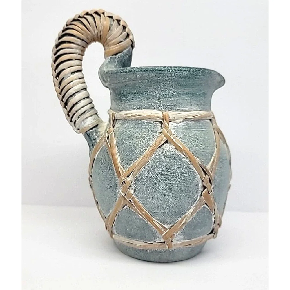 Vintage Coastal Rattan Wrapped Blue Terra‎ Cotta Pitcher 8.25